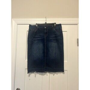 Dark Blue Wash Modest Denim Pencil Skirt Stretch Straight Size XL Frayed Hemline
